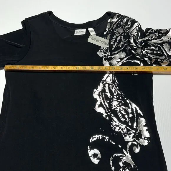 Chicos Travelers 3 Slinky Belinda Top Black Silver Liquid Knit Women US XL NWT - Picture 7 of 8